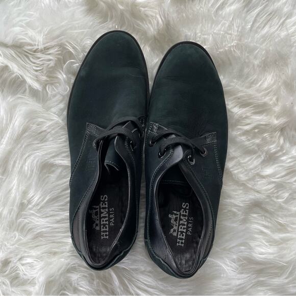Hermes | Men’s Black Nubuck Suede Leather Derby Shoe Lace-Up Classic Daily Flats - Picture 2 of 10